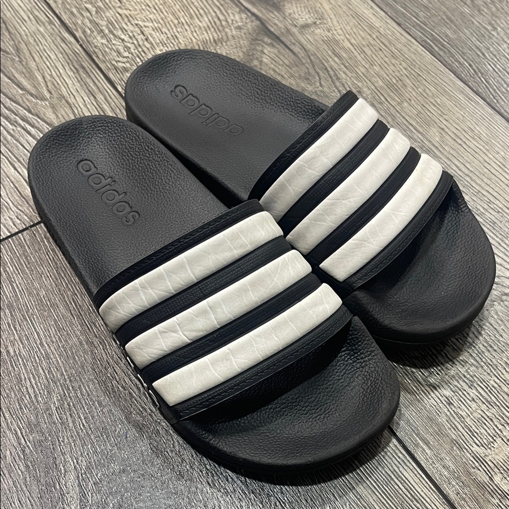 Adidas Black and White Striped Slides